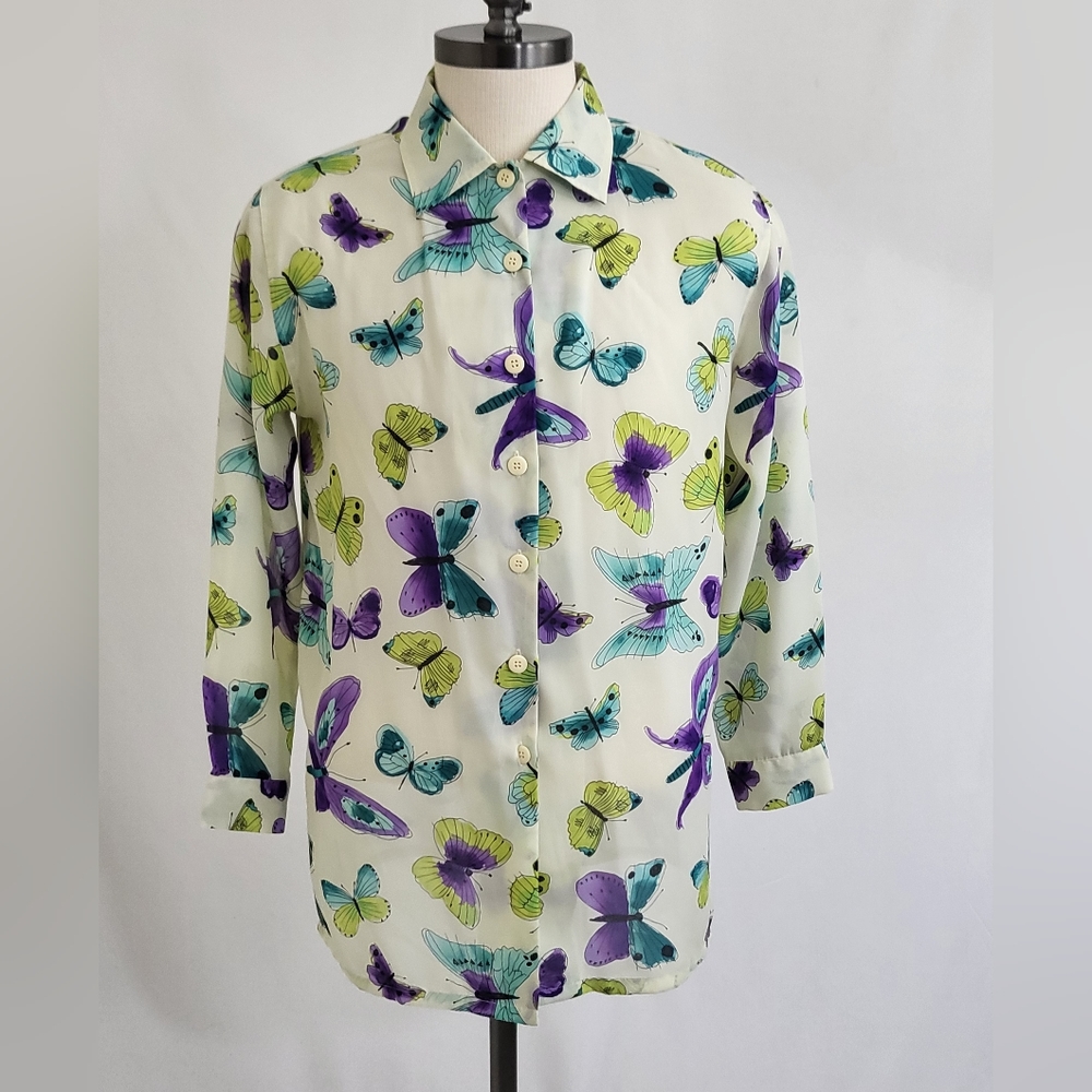 Vintage Bechamel Butterfly Polyester Thin Flowy Beautiful Shirt Blouse Sz Med